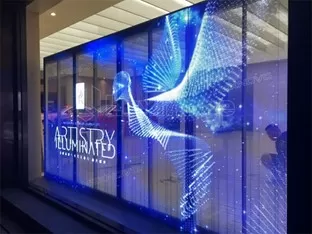 Màn hình LED trong suốt trên tường kính