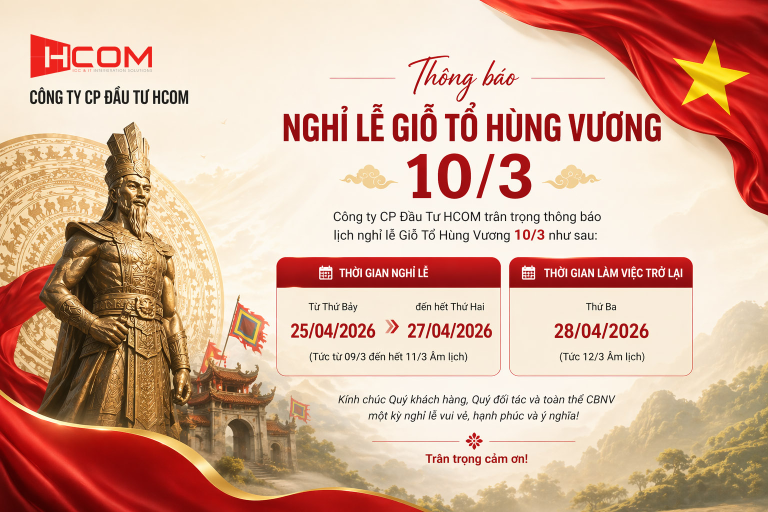 nghỉ lễ Giỗ Tổ Hùng Vương 10-3 năm 2026